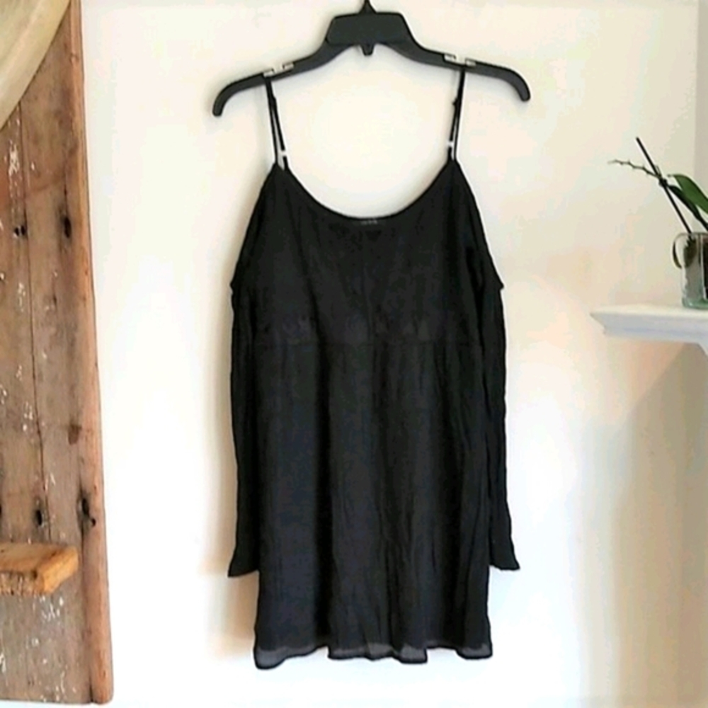 Whimsygoth Black Cold Shoulder Lace Inset Tunic Top S
